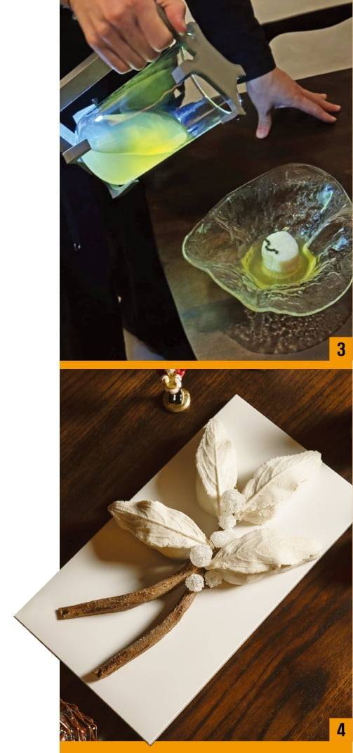 (3) 한국인 듀오 디자이너 스튜디오 노케와 여성준 셰프가 미역국을 재해석한 ‘물의 형상’ /ⓒMarcelo_Saracino
(4) 프랑스 연말연시 행운의 상징인 겨우살이를 구현한 ‘뷔슈 드 노엘’ /파크하얏트 파리 방돔 제공