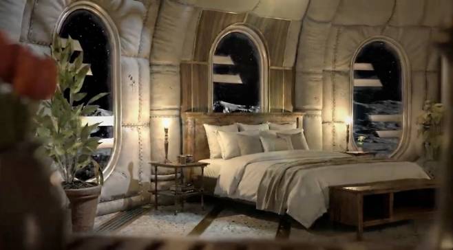 GRU 스페이스가 공개한 달 호텔 객실 내부 상상도. 팽창식 구조물 내부에 침실과 생활 공간을 갖춘 고급 숙박 환경을 구현한 모습이다. GRU 스페이스 제공