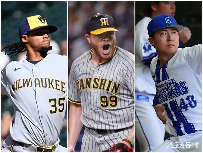 엘빈 로드리게스, 제레미 비슬리, 쿄야마 마사야(왼쪽부터)가 롯데의 구속 혁명에 힘을 보탤지 관심이 쏠리고 있다. 사진제공|롯데 자이언츠