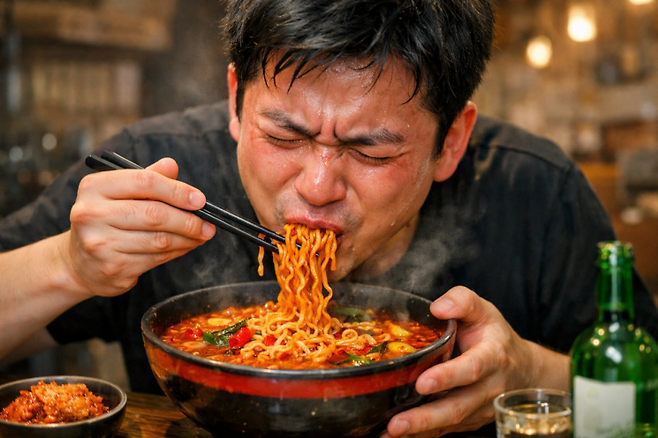 한 남성이 땀을 흘리며 매운 라면을 먹고 있다. 챗GPT 생성이미지.