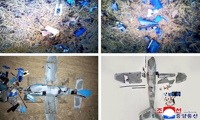 북한 조선인민군 총참모부가 10일 조선중앙통신을 통해 작년 9월과 지난 4일에 한국이 침투시킨 무인기를 격추했다고 주장하며 공개한 사진. 조선중앙통신 연합뉴스