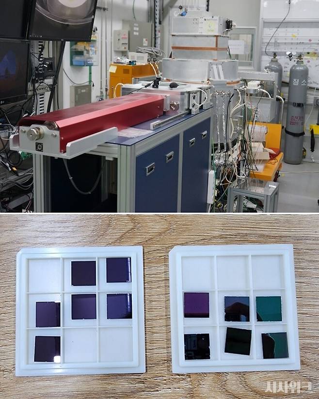 방사선·플라즈마·진공·열전달·물질 거동을 정밀하게 제어가 필수다. 이 기술 및 원리, 이론은 모두 핵공학 분야에서 파생된 것이다. 사진은 한국핵융합에너지연구원 군산 플라즈마연구소의 산화막 식각 공정장비(위)와 플라즈마 식각 공정을 마친 반도체 웨이퍼의 모습(아래). 실리콘 산화막 두께 차이로 기존의 푸른빛을 띈 보라색(좌측)에서 청록색 빛(우측)으로 바뀌었다./ 사진=시사위크DB