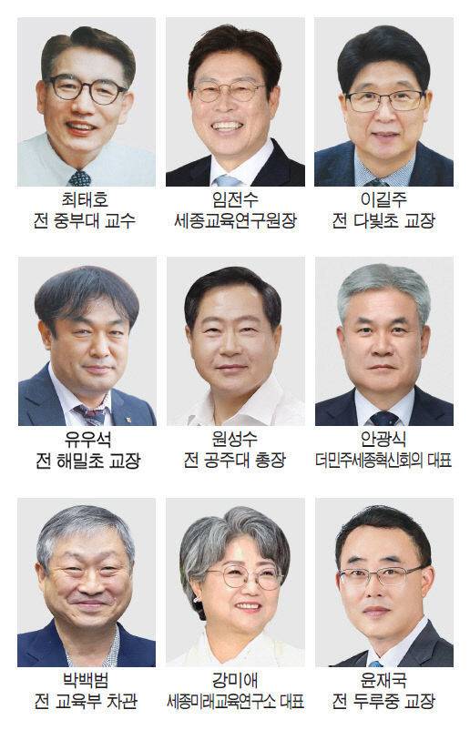2026년 세종시교육감 후보군으로 거론되는 인물들. 추가로 1~2명이 더 나올 수 있다는 관측도 나온다. 2월 3일 예비후보 등록 시점에서 윤곽을 드러낼 것으로 보인다. 사진=중도일보 DB 재구성.
