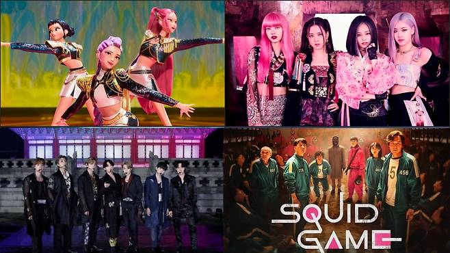 Clockwise from left: "Kpop Demon Hunters," "Blackpink," "Squid Game," "BTS" (Netflix, YG Entertainment, Big Hit Music)