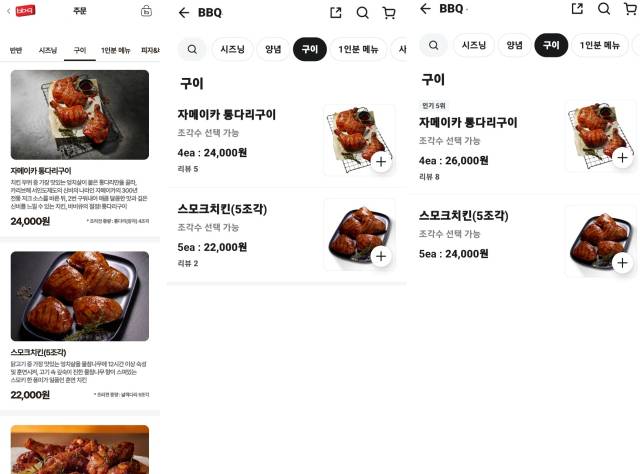BBQ 공식 앱에 게재된 권장소비자가격과 배달의민족 앱에 게재된 두 개 매장의 가격이 다르게 책정됐다. BBQ앱·배달의민족 캡쳐