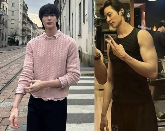 변우석은 니트마저도 날씬해 보이는 슬림 몸매에 넓은 어깨와 탄탄한 팔 근육을 다 가졌다. 밀라노에서도 헬스장을 찾은 변우석(오른쪽). 사진=변우석 SNS