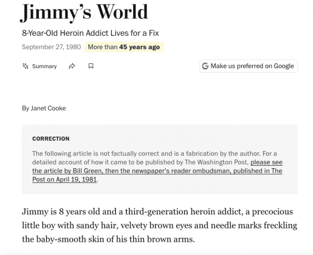워싱턴포스트에 남아 있는 '지미의 세계'에는 사실 확인이 제대로 안 됐고, 기자가 조작했다는 내용의 설명이 붙어 있다.