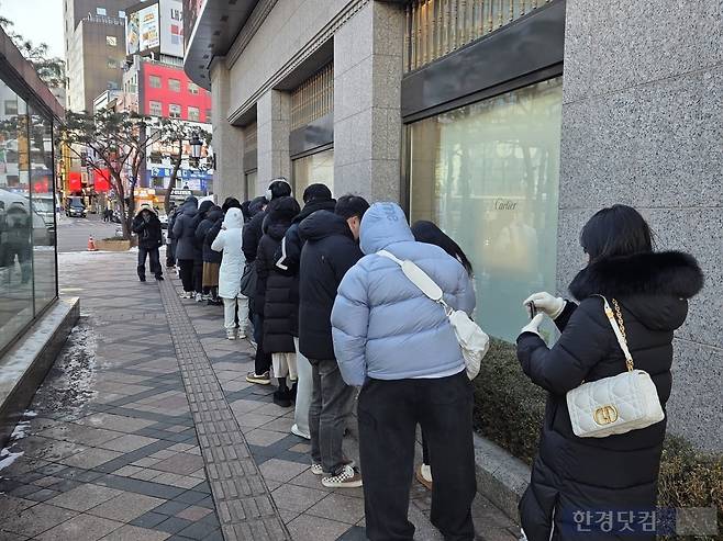 25일 서울 중구 소재 백화점 명품 매장 앞에 소비자들이 개점 전부터 길게 줄을 서있다. /사진=박수림 기자