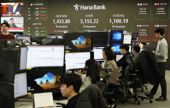 28일 서울 중구 하나은행 딜링룸 현황판에 코스피지수와 코스닥지수가 표시되고 있다. 연합뉴스