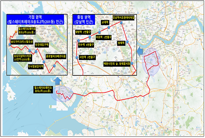 M6464 버스 노선도 및 주요 정류장 표시도.