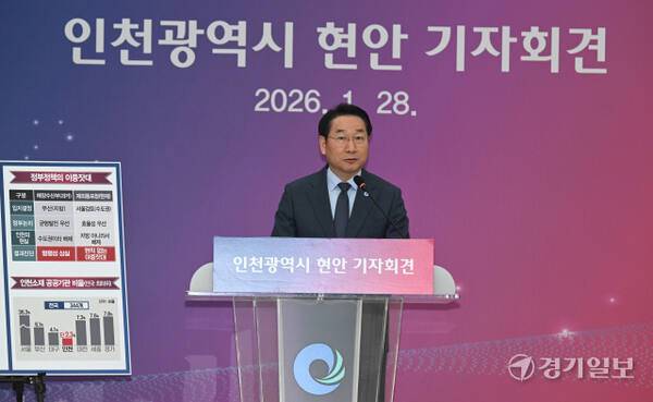 유정복 인천시장이 28일 시청 대회의실에서 재외동포청 이전 논란 및 수도권매립지관리공사 관할권 이관 등 주요 시정 현안에 대한 기자회견을 하고 있다. 조병석기자