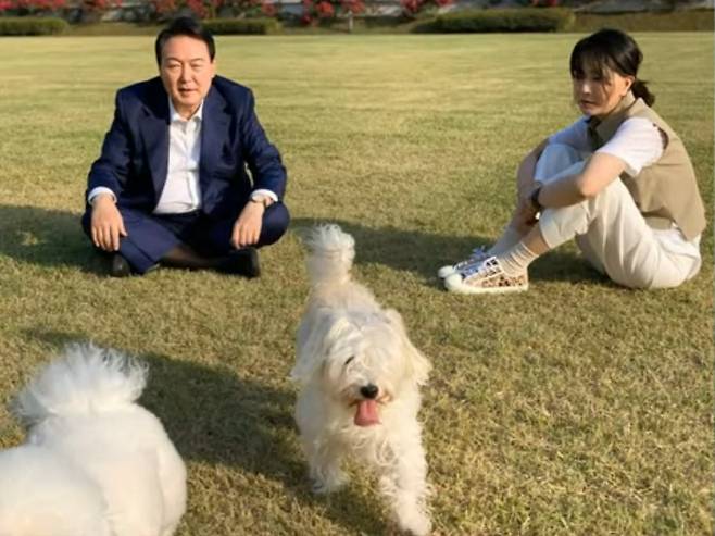 윤석열 전 대통령 부부가 당시 대통령실 청사 앞 잔디밭에서 반려견과 시간을 보내는 모습. SNS 캡처