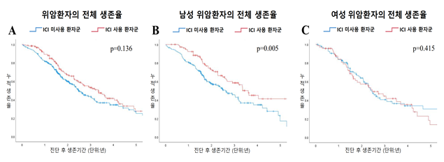 면역관문억제제 치료군(파란색)과 비치료군(빨간색)의 남녀 생존율 차이가 드러난다. 남성 치료군의 생존율은 유의하게 상승했지만(가운데 표), 여성에서는 치료군·비치료군 간 유의한 차이가 확인되지 않았다(오른쪽 표). 분당서울대병원