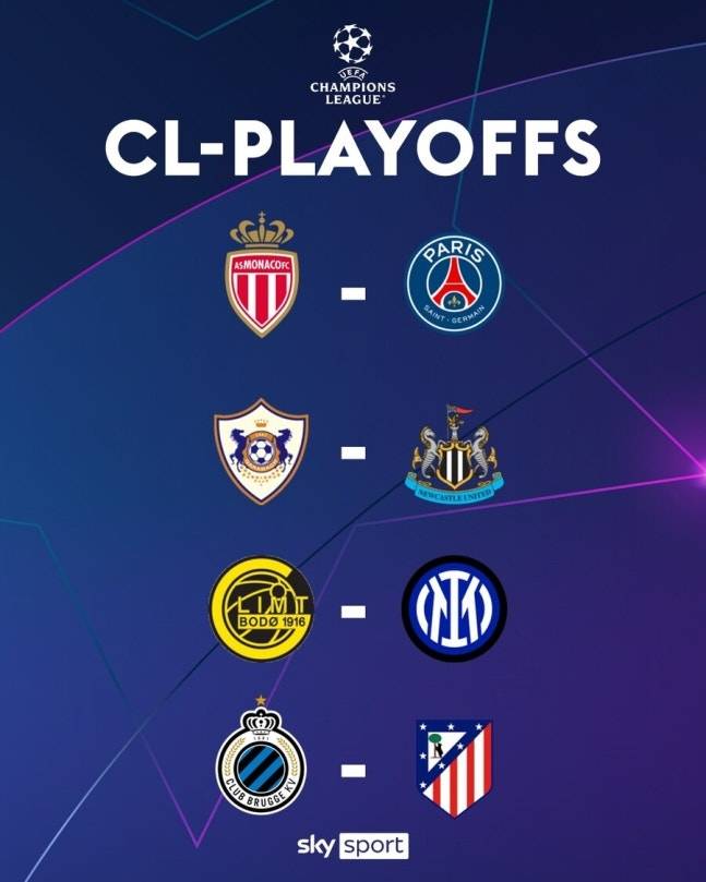 2025-2026 UEFA 챔피언스리그 16강 플레이오프 조추첨 결과. 스카이 스포츠
