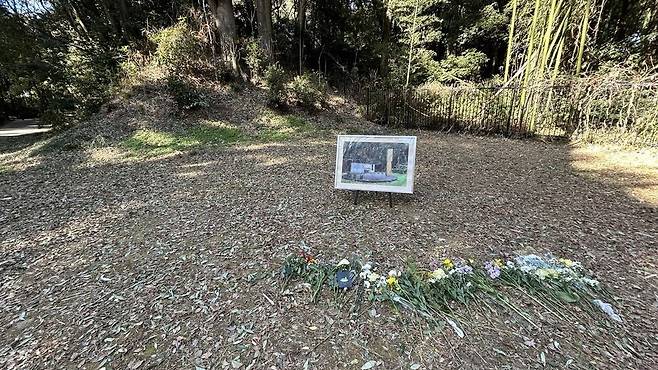 지난 31일 일본 군마현 다카사키시 와타누키초 ‘군마의 숲’ 공원에서 2024년 철거된 ‘군마현 조선인·한국인 강제연행 희생자 추도비’(사진 위) 터에 시민들이 헌화한 꽃들이 가지런히 놓여 있다.