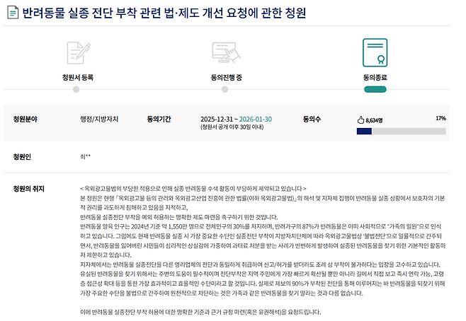 지난달 30일 무산된 반려동물 실종 전단 부착 관련 법제도 개선 요청에 관한 청원 페이지. 청원 홈페이지 갈무리