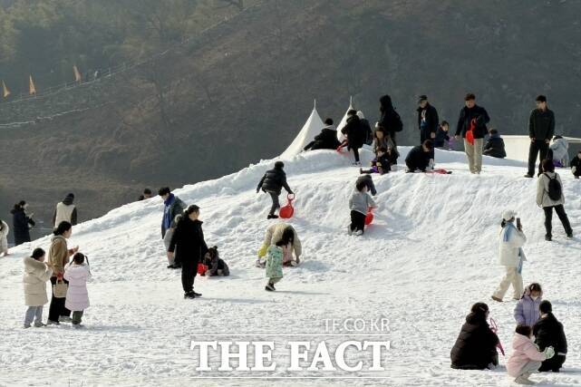 4일 관람객들이 공주시 금강신관공원에 마련된 눈 놀이터에서 썰매를 타고 있다. /공주시