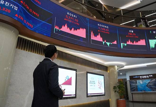 4일 오후 서울 영등포구 한국투자증권 본사 1층 전광판에 코스피 등 종가가 표시되고 있다. 이날 코스피는 전 거래일 대비 83.02포인트(1.57%) 오른 5371.10, 코스닥은 5.10포인트(0.45%) 상승한 1149.43으로 장을 마쳤다. 한국투자증권 제공