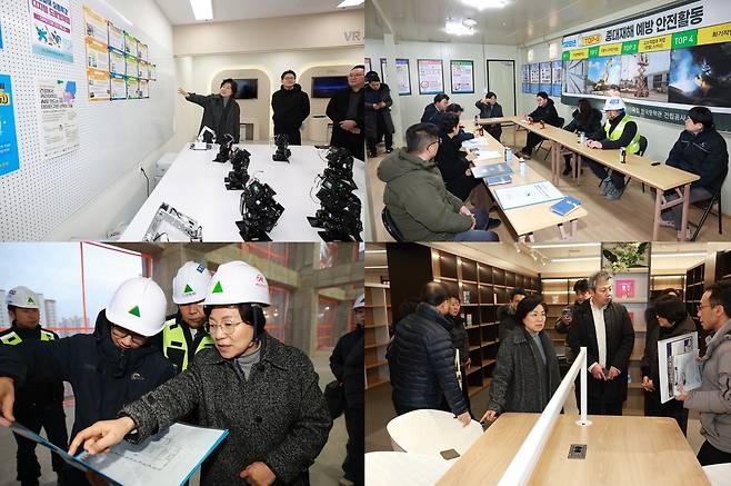 김미경 은평구청장이 여러 장소에서 시설 점검을 하고 있는 모습이다. 각 장소에서 관계자들과 함께 시설을 둘러보고 점검하며, 의견을 나누고 있다.