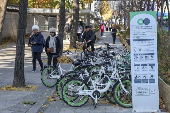 서울 중구 세종대로 시청역 인근에 따릉이 보관소가 설치돼 있다. 강진형 기자