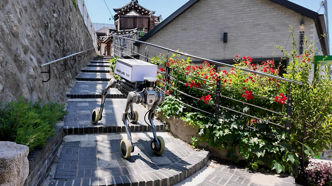 지난해 6월 서울 북촌 한옥마을의 좁은 골목 사이를 바퀴와 다리로 자유롭게 오가는 로봇의 모습. 스위스 로봇 스타트업 RIVR의 ‘wheel-legged’ 로봇에게 이 오래된 거리의 구조를 알려주고 있는 건 네이버랩스의 비전 기반 측위 시스템 ‘아크아이’다. <사진=네이버랩스>