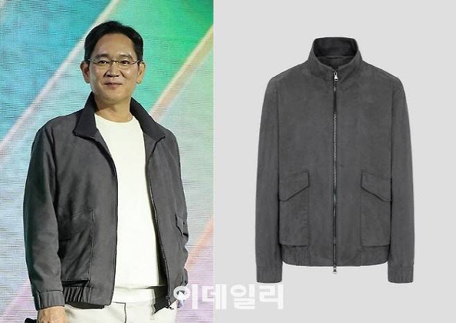 이재용 삼성전자 회장이 삼성물산 패션부문의 ‘란스미어’ 재킷을 착용한 모습(왼쪽)과 해당 제품 이미지 (사진=연합뉴스·브랜드 상품 페이지 캡처)