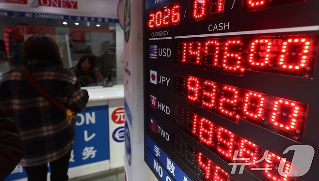 서울 명동 환전소 전광판. ⓒ 뉴스1 최지환 기자