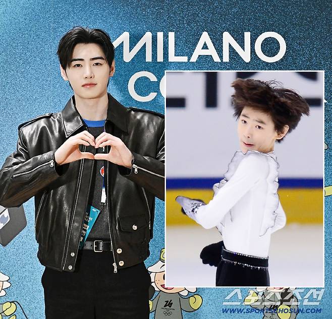 엔하이픈 성훈이 9일(한국시간) 이탈리아 밀라노 올림픽 메인프레스센터를 방문했다. 기자회견을 마치고 포즈를 취하고 있는 성훈. 작은 사진은 10년 전 피겨 꿈나무 시절 대회에 출전한 중학생 박성훈의 모습. 밀라노(이탈리아)=송정헌 기자songs@sportschosun.com/2026.02.09/