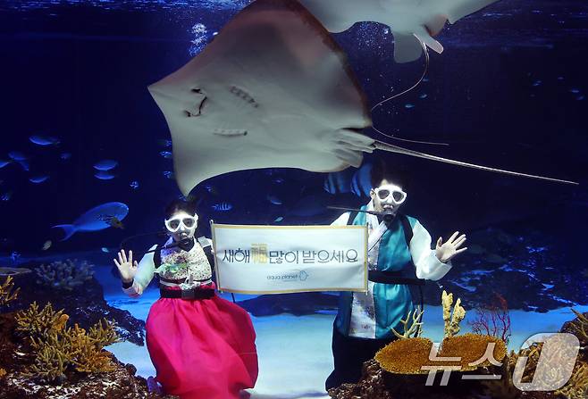 설 명절을 앞둔 11일 경기 수원시 영통구 아쿠아플라넷 광교에서 한복을 입은 아쿠아리스트들이 설 명절 인사를 하고 있다. 2026.2.11 ⓒ 뉴스1 김영운 기자