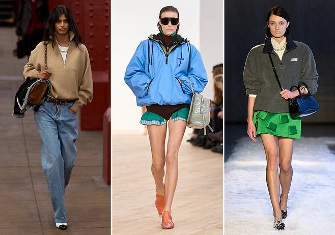 캐주얼 상의로 사랑받는 하프 집업이 일상에 스며든 럭셔리를 뜻하는 ‘콰이어트 럭셔리’ 트렌드를 상징하는 아이템으로 각광받고 있다. 샤넬(왼쪽 사진)이 올해 컬렉션 무대의 포문을 쿼터 집업으로 연 것을 비롯해 로에베(가운데), 센디 리앙 등 여러 럭셔리 브랜드가 하프 집업 상의를 선보이고 있다. 각 사 제공