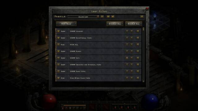 디아블로2 '전리품 필터'.