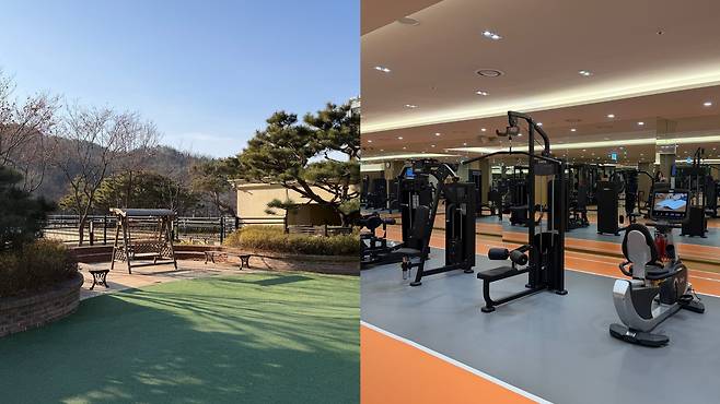 KB 골든라이프케어 평창 카운티의 옥상 정원(왼쪽)과 피트니스 센터. /김보연 기자