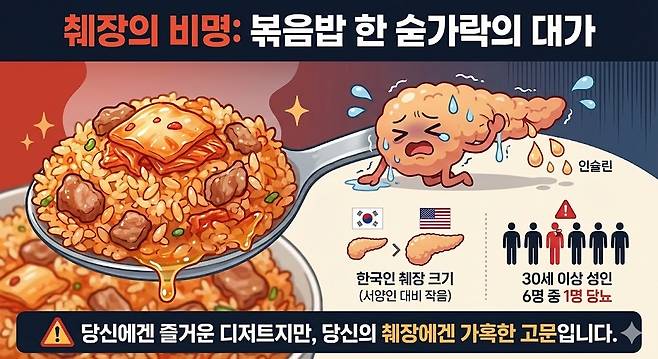 한국인 췌장 크기(서양인 대비 작음), 30세 이상 성인 6명 중 1명 당뇨. 제미나이 생성 그래픽