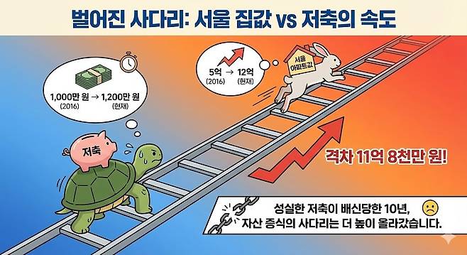 "벌어진 사다리: 서울 집값 vs 저축의 속도" 제미나이 생성 그래픽