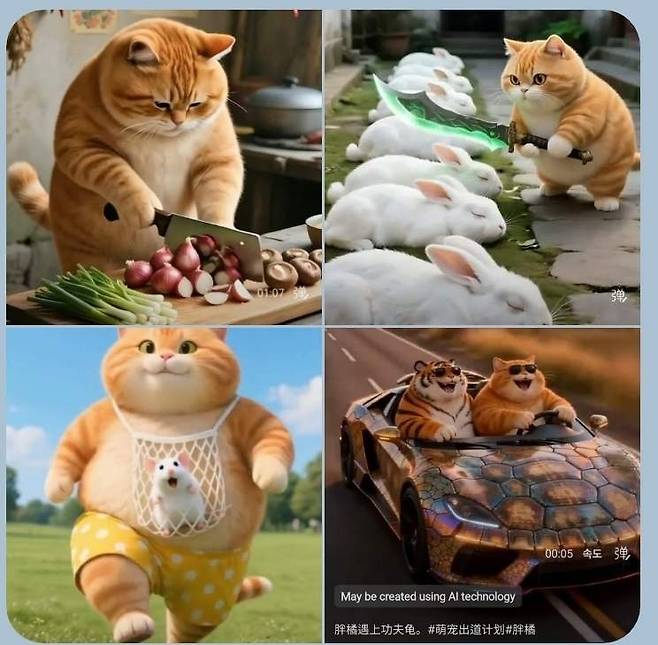 오른쪽 아래를 제외하고 AI 애니메이션 팡쥐마오의 초기 버전. 단순한 일상을 보여주거나 자신을 괴롭히는 동물들을 응징하는 내용이 주를 이룬다. 오른쪽 아래는 비교적 최근 올라온 영상 장면. 고양이와 호랑이가 닌자 거북이와 싸워 이겨 빼앗은 등껍질로 튜닝한 스포츠카를 타고 있다.