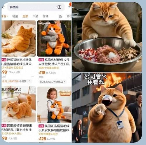 중국 온라인 쇼핑몰 타오바오에서 팔리는 팡쥐마오 캐릭터 상품(왼쪽). 오른쪽 위는 팡쥐마오 영상 초창기의 요리하는 모습이며 오른쪽 아래는 월급 3000위안(약60만원) 받는 팡쥐마오가 불타는 회사를 배경으로 와인을 마시며 유유히 퇴근하는 장면이다.