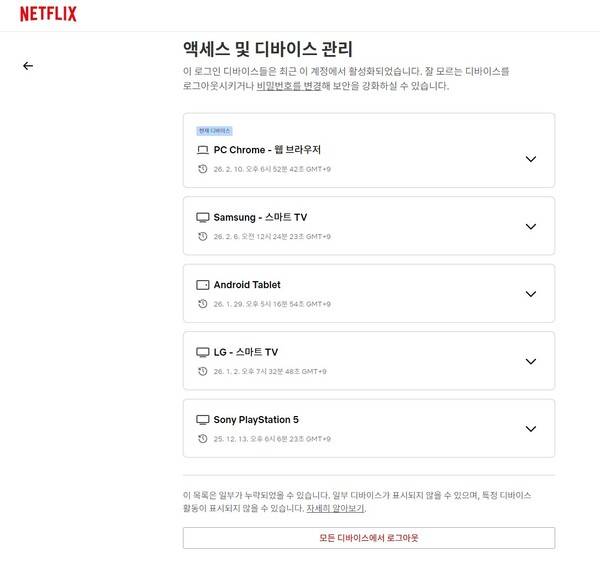 넷플릭스의 계정 접속 관리 화면. 현재 접속한 기기와 로그인된 기기를 확인할 수 있고, 모든 기기에서 로그아웃할 수 있는 기능도 제공한다. / 넷플릭스 웹브라우저 버전 갈무리