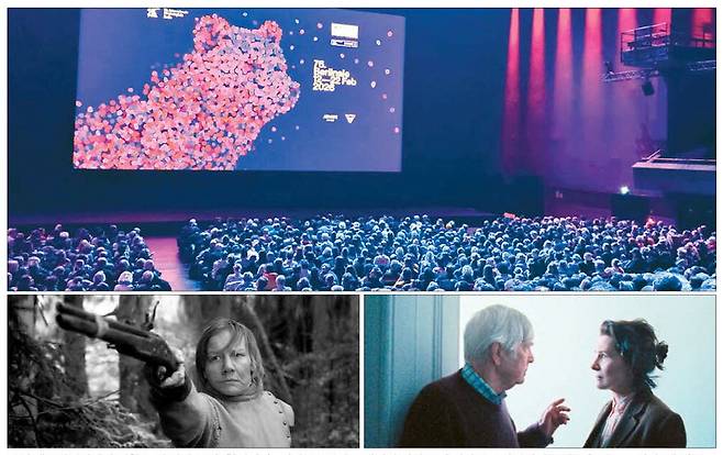 독일 베를린영화제가 진행 중인 지난 18일(현지시간) 영화 '로즈'가 공개되기 직전 몰린 인파들로 상영관이 북새통을 이루고 있다(맨 위). 15일 초연 직후 주목받은 영화 '로즈'(아래 왼쪽)와 문제작 '퀸 앳 시'(아래 오른쪽)의 한 장면. 김유태 기자·베를린영화제 홈페이지