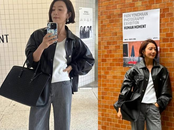 힙한 블랙 가죽 재킷과 힘 있게 떨어지는 와이드 팬츠 실루엣이 다리를 더 길어 보이게 한다. 사진=김희애 소셜미디어