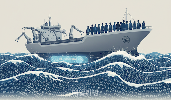 거센 디지털 전환의 파고 속에서 로봇과 인간이 한 배를 타고 있는 모습을 형상화한 이미지로, 재분배가 사회를 지탱하는 ‘평형수’ 역할을 할 수 있는지를 상징적으로 표현했다. ⓒ제미나이