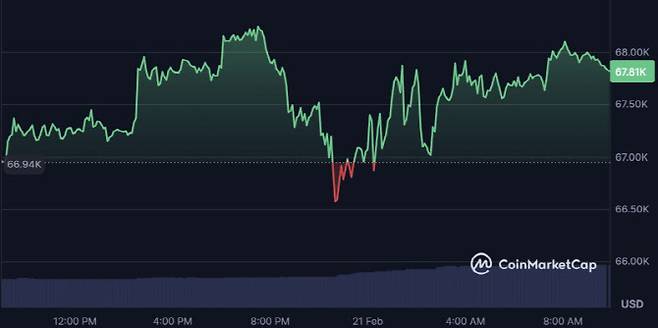 미 대법원 판결이 21일 자정(한국 시간 기준)께 알려진 직후 비트코인이 상승세를 보이고 있다. (사진=코인마켓캡)