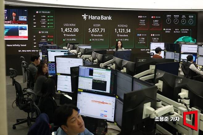 코스피가 장중 사상 첫 5600선을 돌파한 19일 서울 하나은행 본점 딜링룸에서 직원이 증시와 환율 등을 모니터하고 있다 이날 코스피는 오전 9시 2분 현재 전장보다 150.70포인트(2.74%) 올라 강세를 이어가고 있다. 2026.2.19 조용준 기자