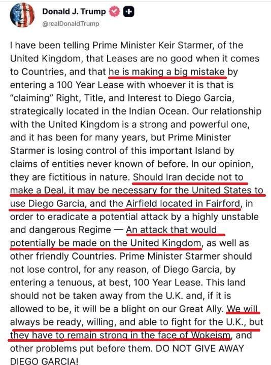 영국의 디에고 가르시아 기지와 페어퍼드 기지 사용을 촉구하며, 차고스 제도의 주권 이양에 반대하는 트럼프 대통령의 글/트루스소셜
