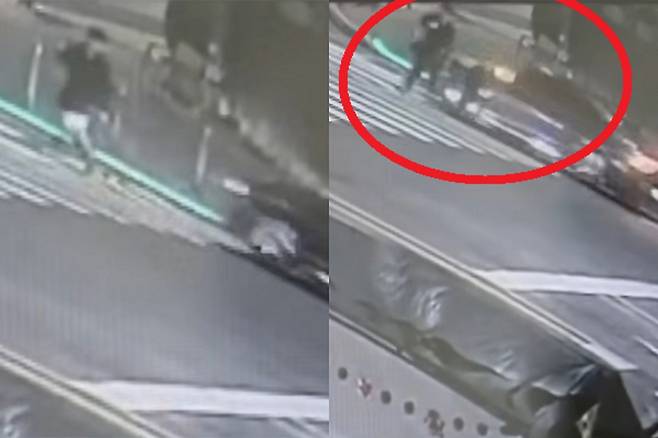 김인호 산림청장이 지난 20일 밤 경기 성남시 분당구의 한 사거리에서 횡단보도를 건너던 보행자를 향해 빠르게 질주하는 모습. YTN 보도화면 캡처