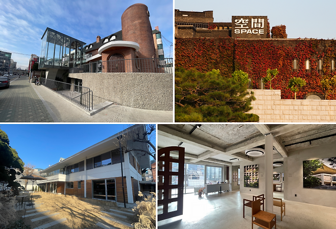 한국 1새대 현대건축가들이 지은 건축물들. 김중업의 '연희정음', 김수근의 아라리오뮤지엄, '연희정음' 안 전시공간과 나상진 건축가의 '스타벅스' 매장(사진 위 왼쪽부터 시계방향). /사진=서윤경 기자·아라리오뮤지엄