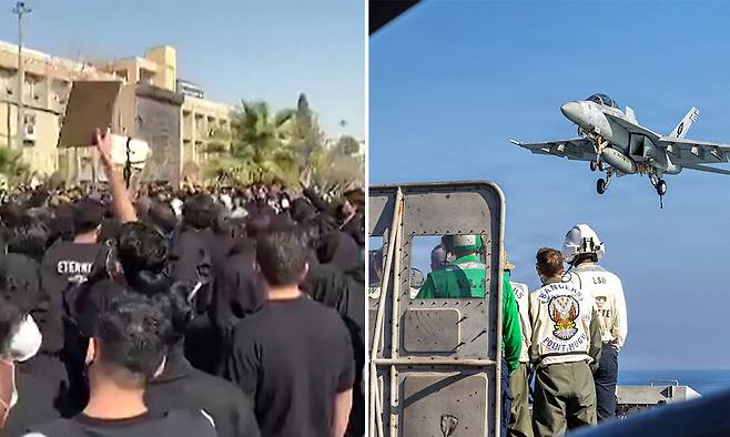 이란 ‘내우외환’ 이중고 이란 수도 테헤란의 아미르카비르 공과대학 인근에서 21일(현지시간) 검은 옷을 입은 대학생들이 “샤(국왕) 만세”를 외치며 종교지도자가 국가를 통치하는 신정체제를 규탄하고 있다. 오른쪽 사진은 지난 15일 이란 남부 아라비아해에서 미 해군 전투기가 항공모함 에이브러햄 링컨호의 갑판에 착함하는 모습. 테헤란·아라비아해=AFP·로이터연합뉴스