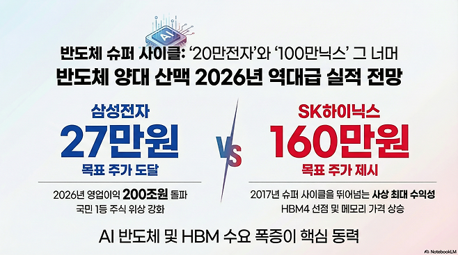 인공지능(AI) 반도체 수요 폭증과 메모리 가격의 가파른 상승세에 힘입어 국내 반도체 양대 산맥인 삼성전자와 SK하이닉스가 역대급 실적 전망과 함께 주가도 급등하고 있다. 대신증권과 SK증권은 두 기업의 목표주가를 각각 27만원, 160만원으로 상향하며 반도체 슈퍼 사이클의 정점을 예고했다.(구글 노트북 LM)