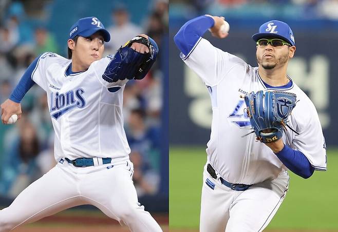 ▲ 왼쪽부터 삼성 라이온즈 원태인, 아리엘 후라도. 삼성 선발진의 두 축인 원태인과 후라도는 현재 팀을 떠나 있다. 원태인은 스프링캠프 도중 오른쪽 팔꿈치 굴곡근 손상 1단계 진단을 받아 치료 및 재활 중이다. 후라도는 파나마 대표팀 소속으로 2026 월드베이스볼클래식 대회를 치른 뒤 삼성으로 복귀할 예정이다. ⓒ삼성 라이온즈