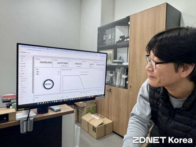 'askURL'에 대해 설명하고 있는 최원혁 누리랩 대표. 화면에 99.9%의 탐지율 통계가 표시되고 있다.