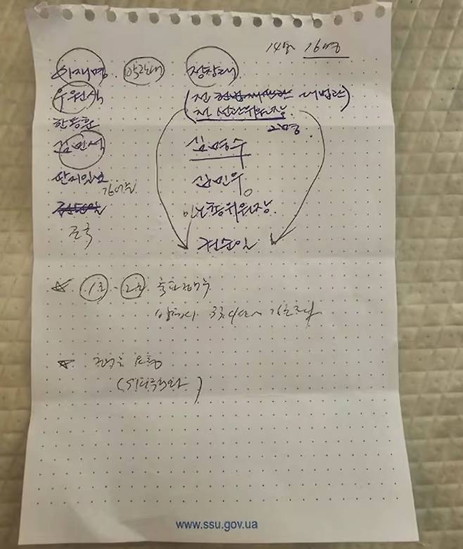 홍장원 전 국정원 1차장이 12·3 불법계엄 당시 작성한 ‘정치인 체포 명단’.